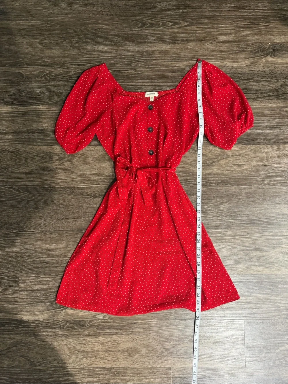 Monteau Red Polka Dot Puff-Sleeve Midi Dress Size M